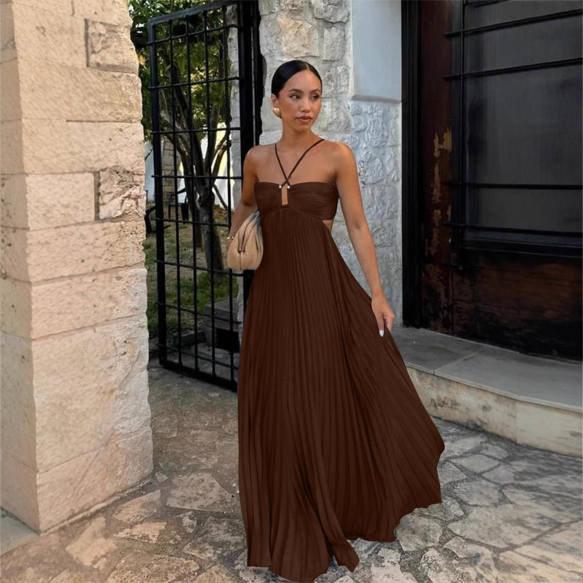 Ins Pleated Sleeveless Sling Dress Hollow High Waist Halter Robe Dresses For Evening Party Club Clothing Women