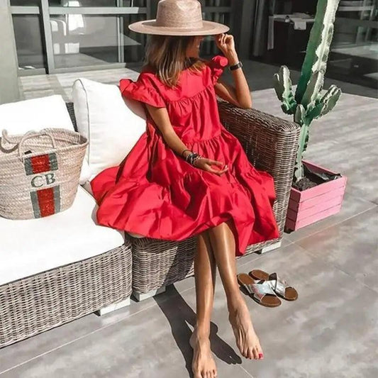 Women Retro Loose Casual Round Neck Short Sleeve Dress - Cute Fashion Dresses For Women