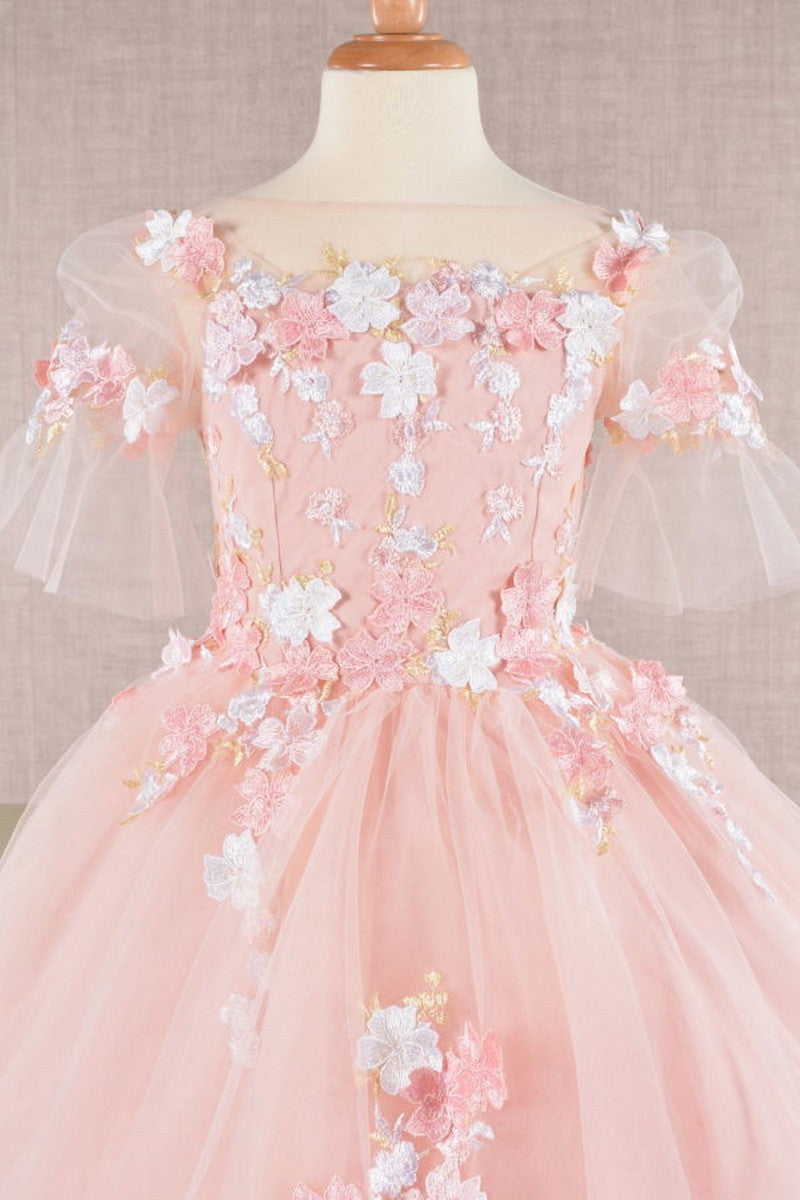 Sheer 1/2 Sleeve 3d Floral Applique Kids Dress