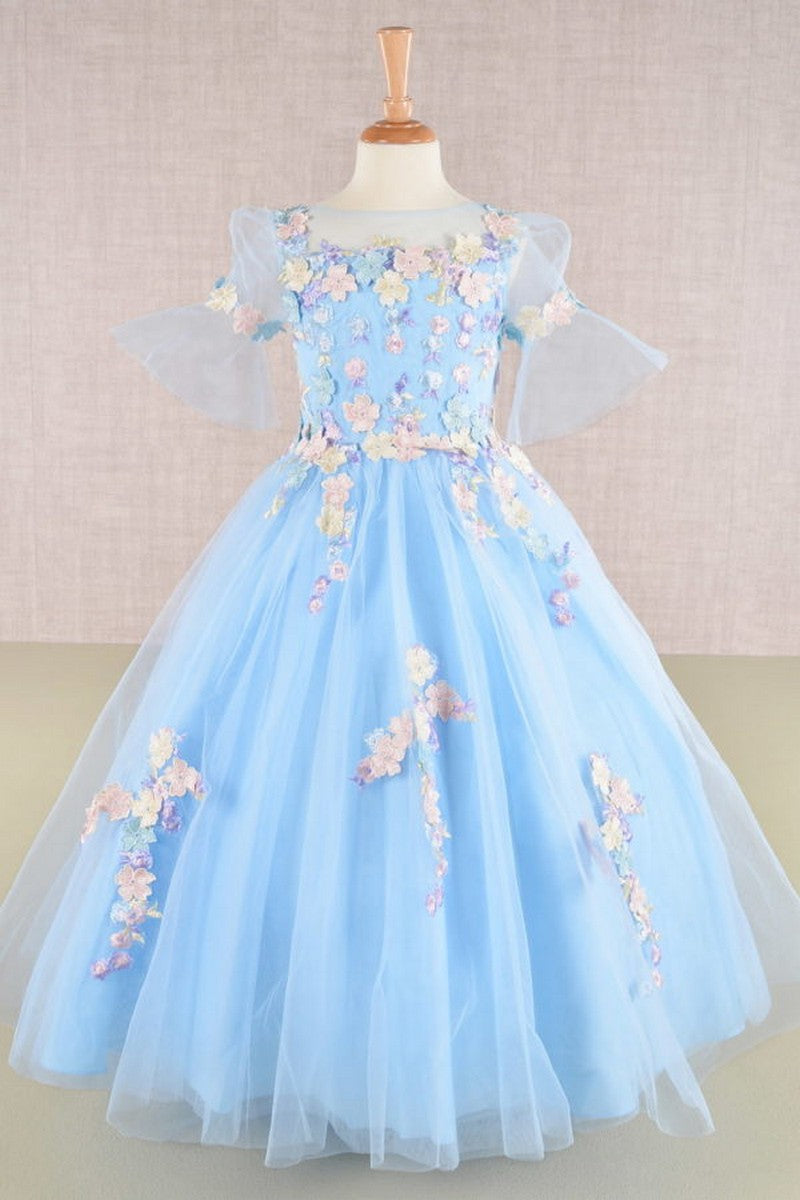 Sheer 1/2 Sleeve 3d Floral Applique Kids Dress