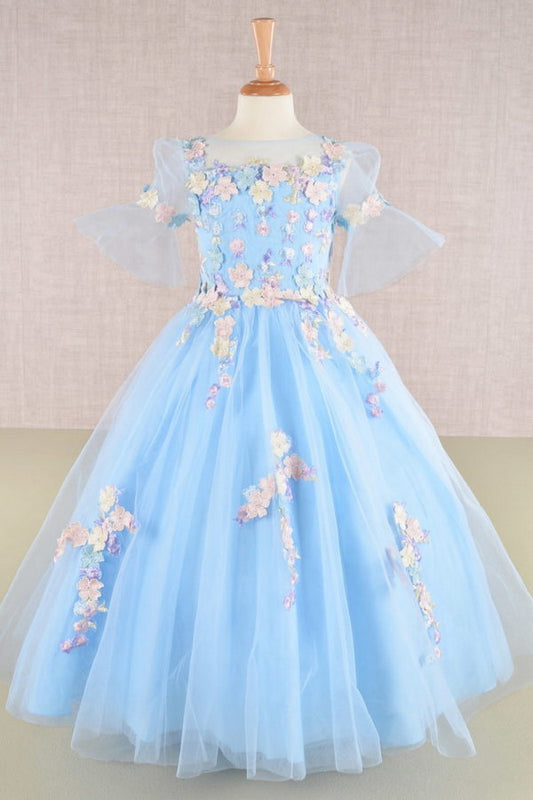 Sheer 1/2 Sleeve 3d Floral Applique Kids Dress