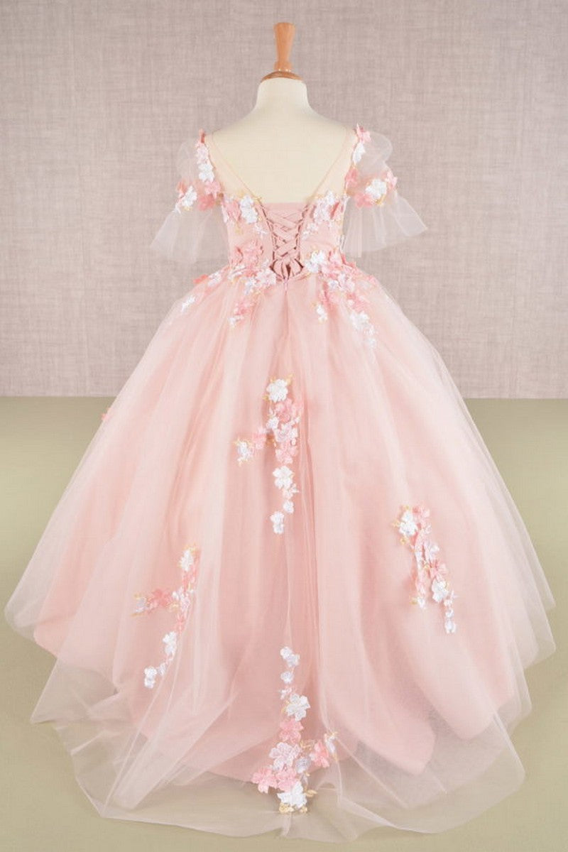 Sheer 1/2 Sleeve 3d Floral Applique Kids Dress