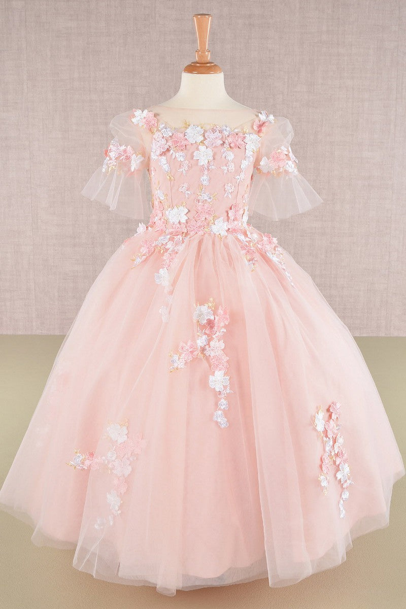 Sheer 1/2 Sleeve 3d Floral Applique Kids Dress