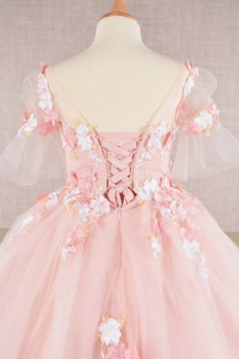 Sheer 1/2 Sleeve 3d Floral Applique Kids Dress