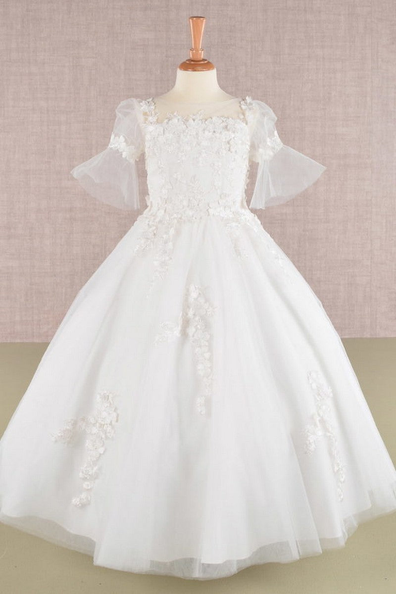 Sheer 1/2 Sleeve 3d Floral Applique Kids Dress