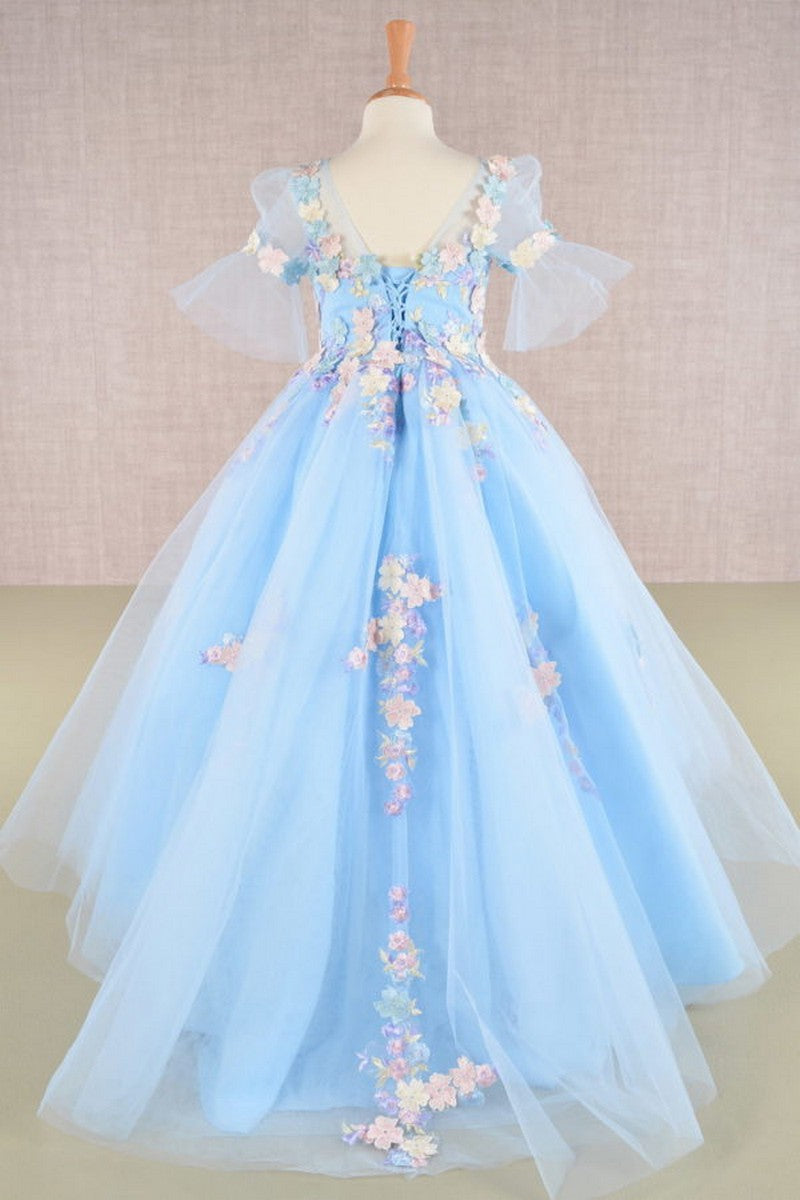 Sheer 1/2 Sleeve 3d Floral Applique Kids Dress