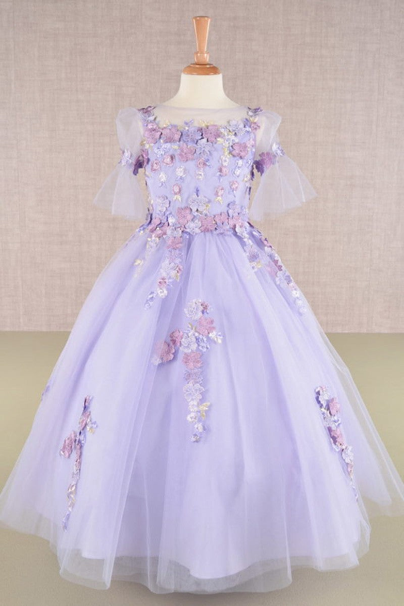 Sheer 1/2 Sleeve 3d Floral Applique Kids Dress
