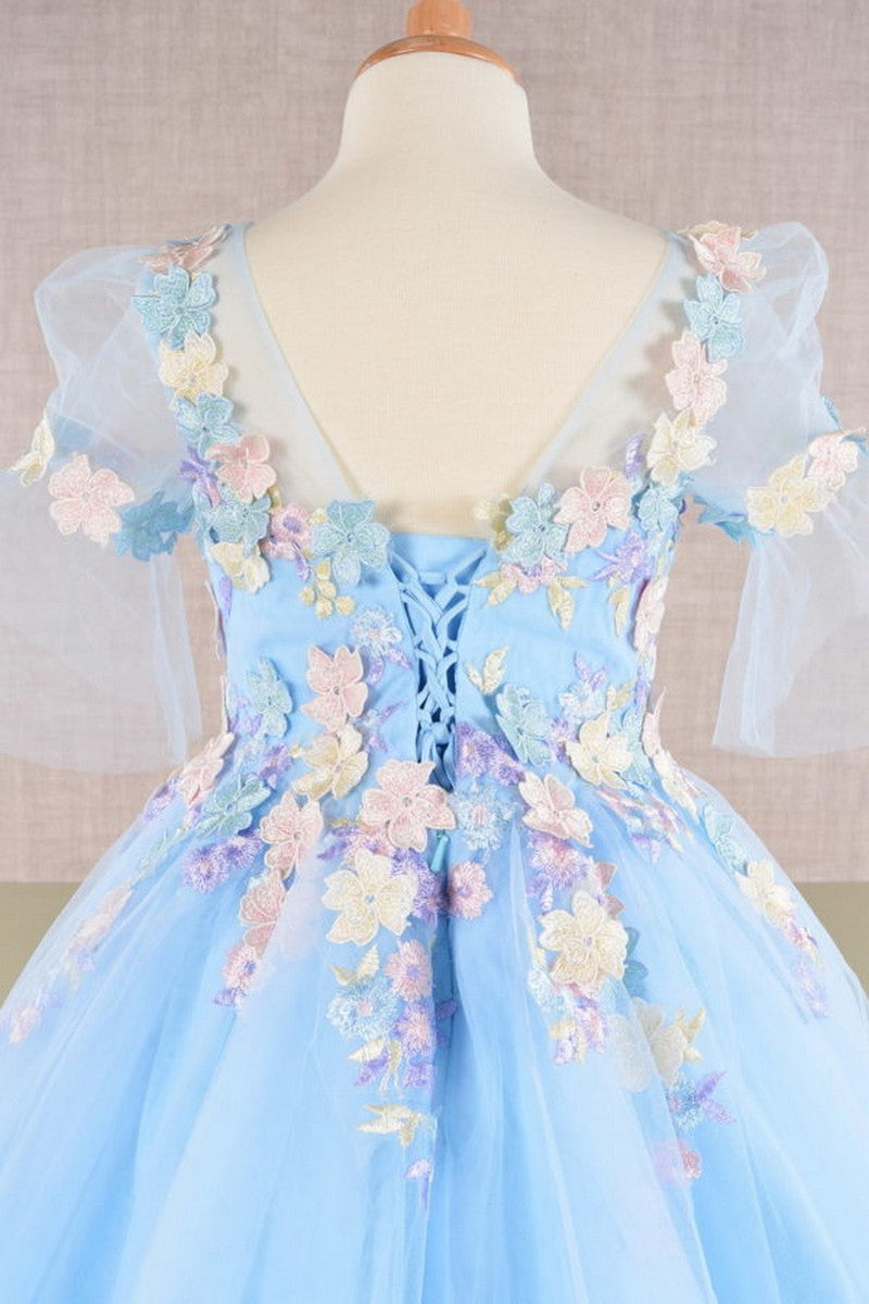 Sheer 1/2 Sleeve 3d Floral Applique Kids Dress