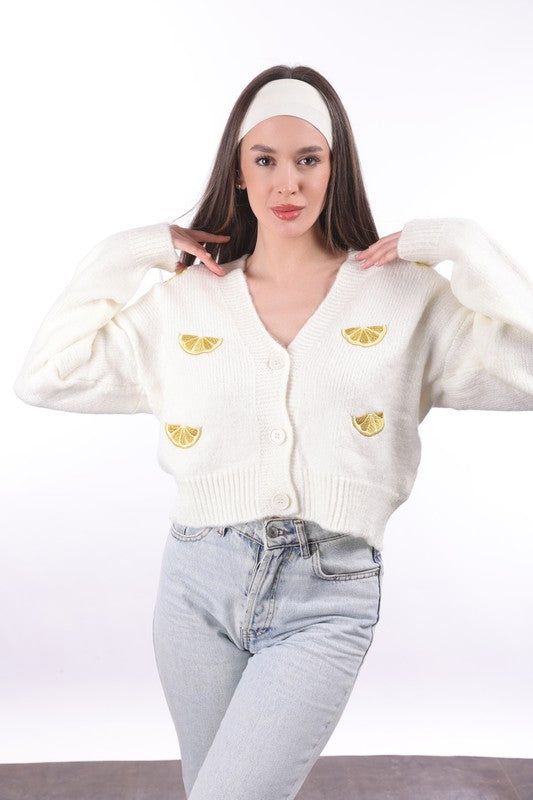 Women’s Lemon Embroidered Knit Cardigan White Button Up Sweater Long Sleeve