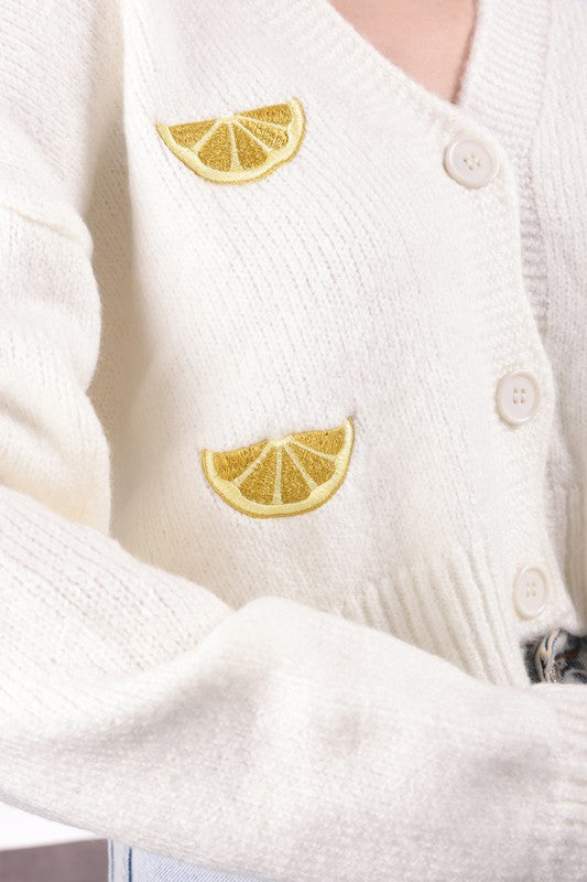 Women’s Lemon Embroidered Knit Cardigan White Button Up Sweater Long Sleeve