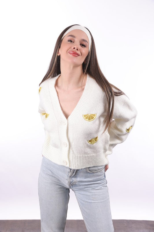 Women’s Lemon Embroidered Knit Cardigan White Button Up Sweater Long Sleeve