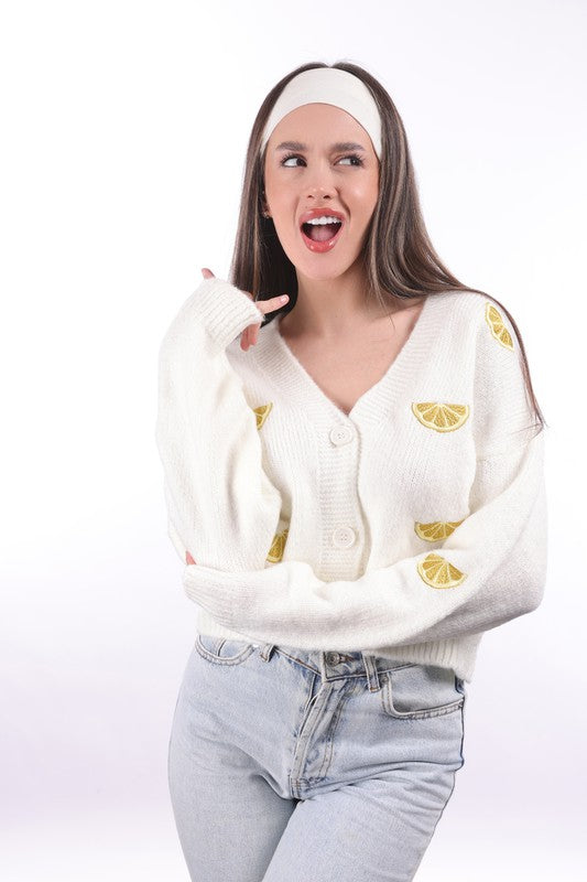 Women’s Lemon Embroidered Knit Cardigan White Button Up Sweater Long Sleeve