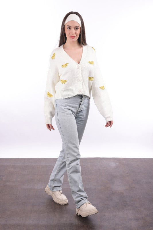 Women’s Lemon Embroidered Knit Cardigan White Button Up Sweater Long Sleeve