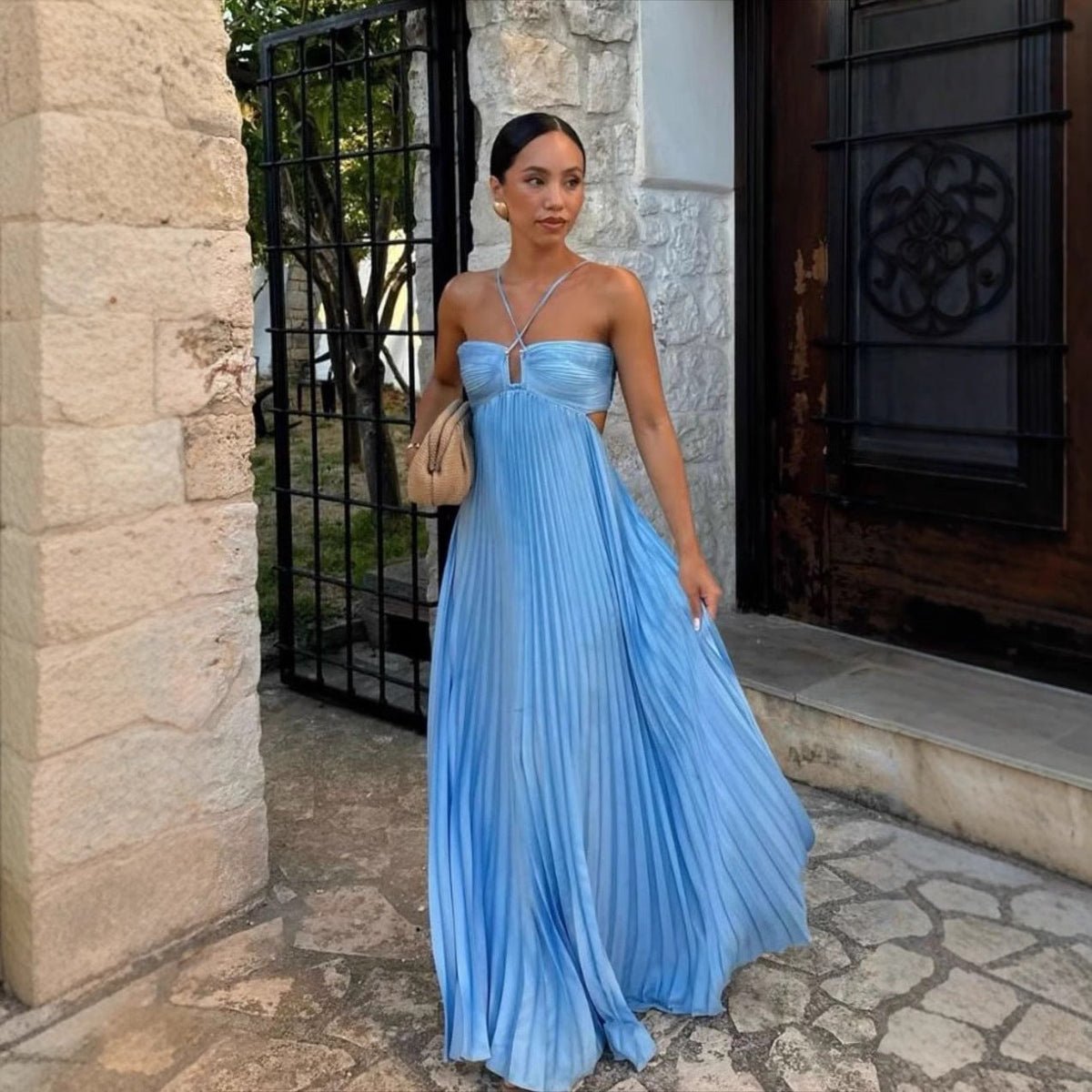 Ins Pleated Sleeveless Sling Dress Hollow High Waist Halter Robe Dresses For Evening Party Club Clothing Women
