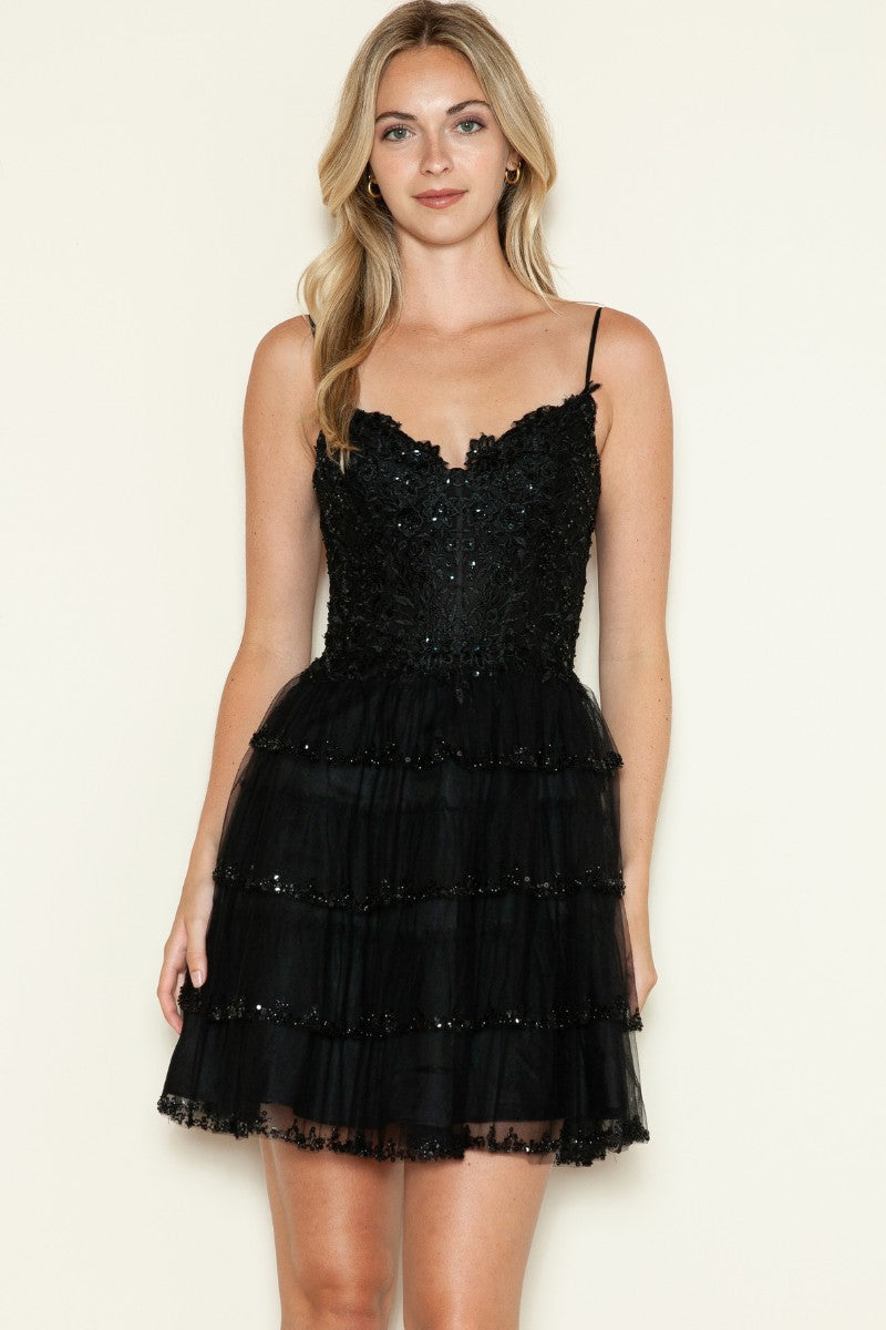 A-line Layered Short Beaded Dress - 9592