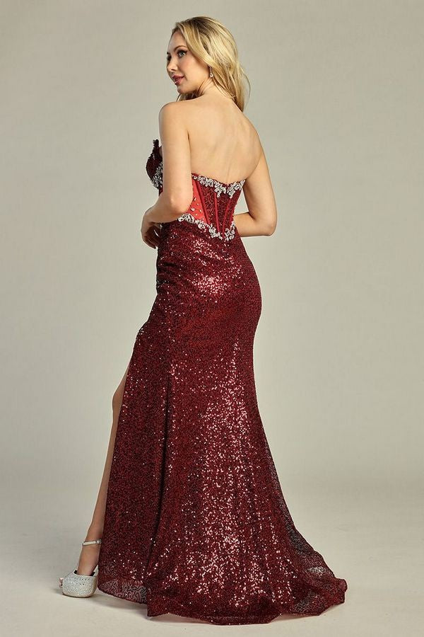 Strapless Embellished Top Sequin Sheath Dress