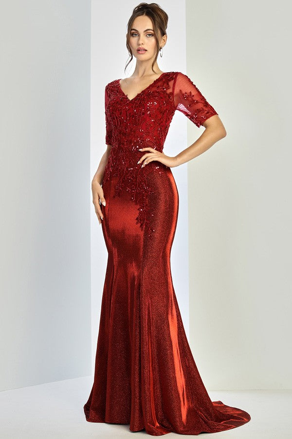 Sheer Half Sleeve Metallic Sheath Dress