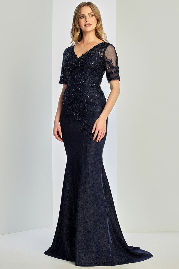Sheer Half Sleeve Metallic Sheath Dress