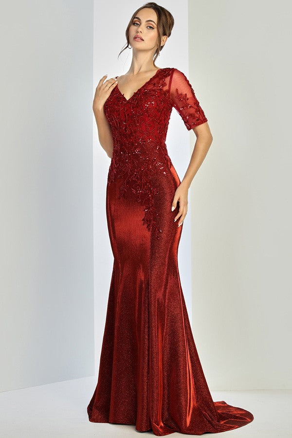 Sheer Half Sleeve Metallic Sheath Dress