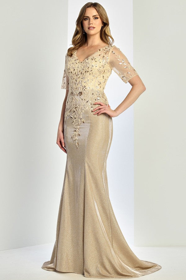 Sheer Half Sleeve Metallic Sheath Dress