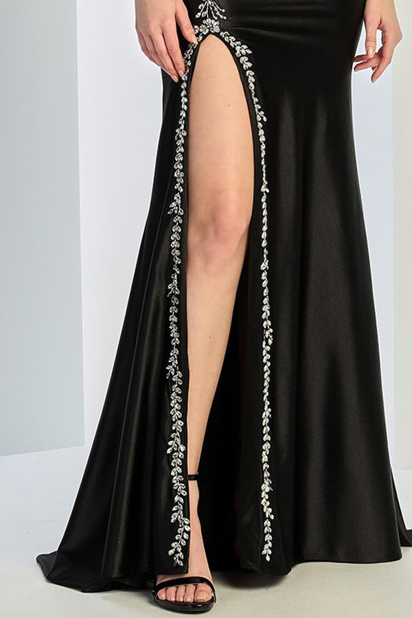 Sleeveless Deep V Neckline Satin Sheath Dress