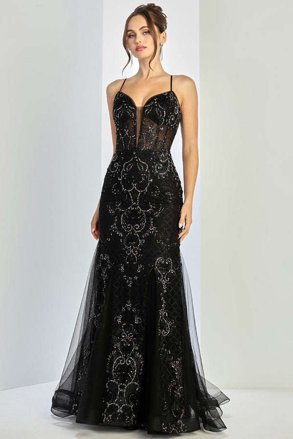 Skinny Straps Sequin Glitter Print Mermaid Dress