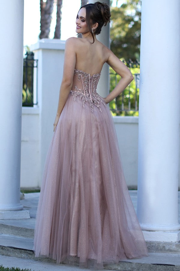 Strapless Embellished Illusion Top A Line Dress