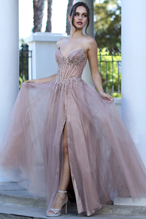 Strapless Embellished Illusion Top A Line Dress