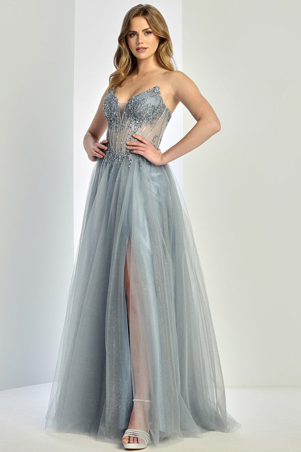 Strapless Embellished Illusion Top A Line Dress