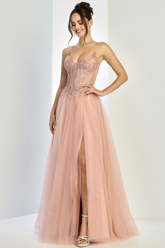 Strapless Embellished Illusion Top A Line Dress