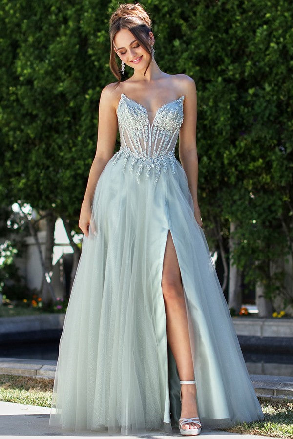 Strapless Embellished Illusion Top A Line Dress