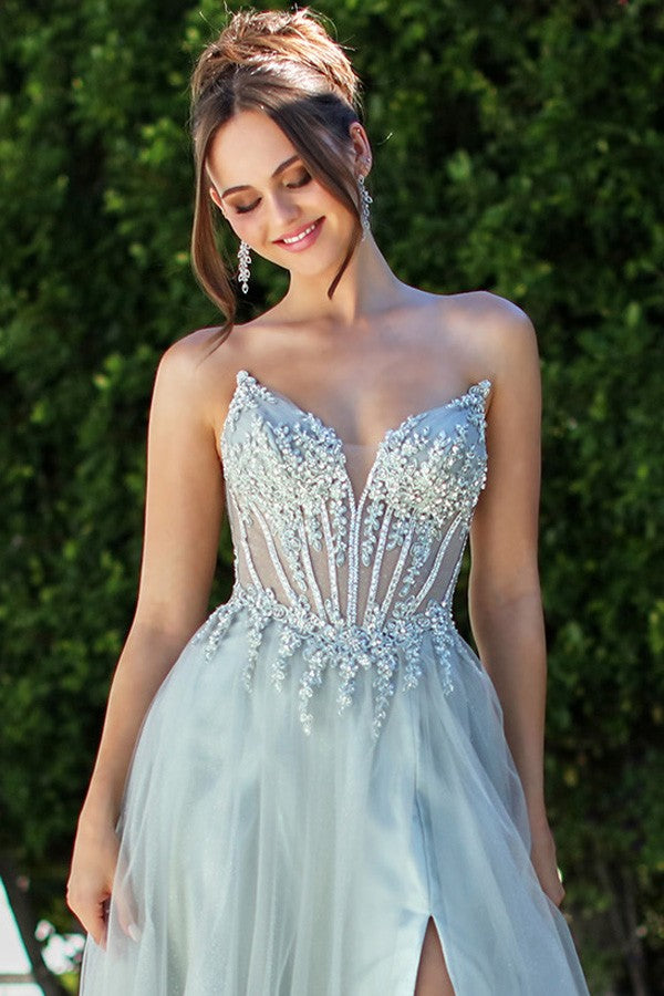 Strapless Embellished Illusion Top A Line Dress