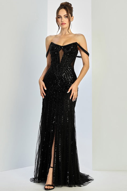 Off Shoulder Sweetheart Cut-out Slit Top Sheath Dr