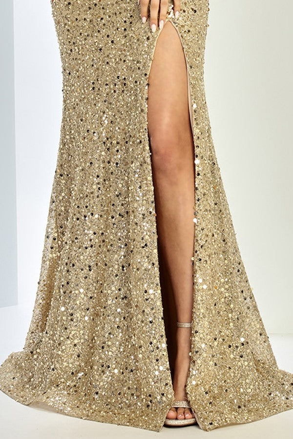 Strapless Mesh Paneled Cut Out Side Sequin Dress