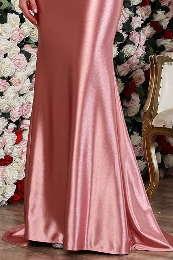 Sleeveless Beaded Illusion Top Satin Sheath Dress
