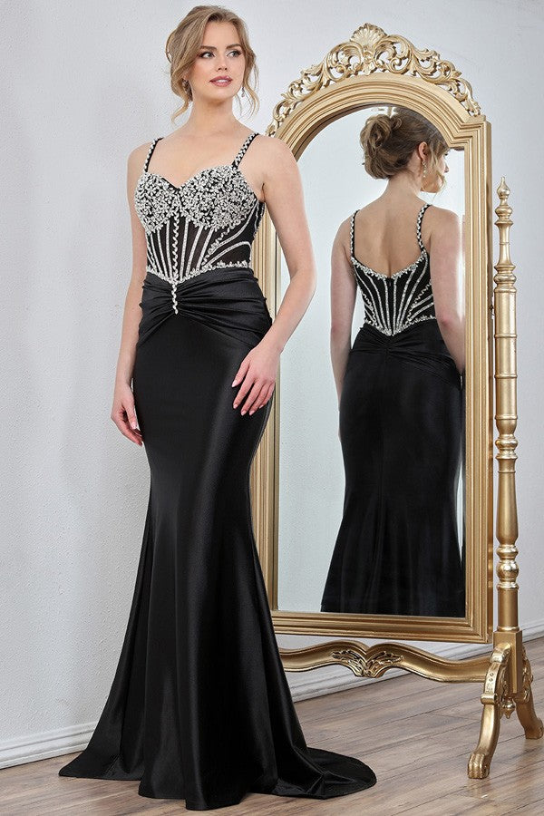 Sleeveless Beaded Illusion Top Satin Sheath Dress