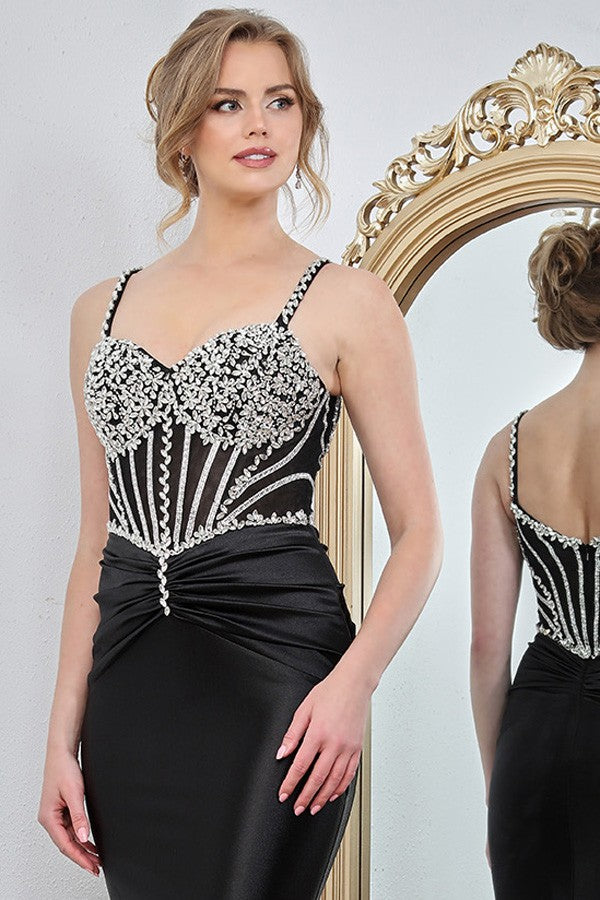 Sleeveless Beaded Illusion Top Satin Sheath Dress