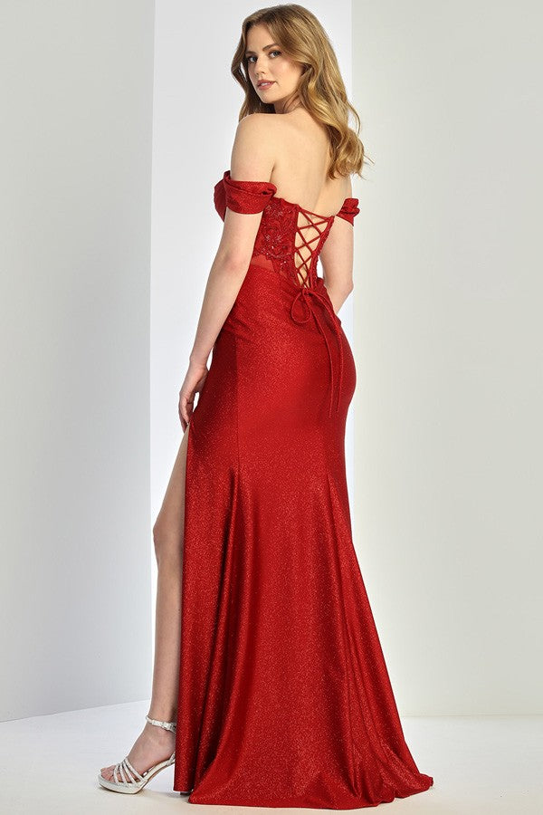 Off Shoulder Sweetheart Cowl Style Metallic Dress