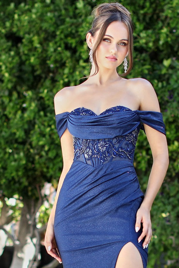 Off Shoulder Sweetheart Cowl Style Metallic Dress