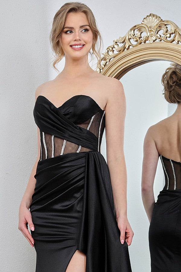 Sweetheart Pleated Illusion Top Sheath Dress