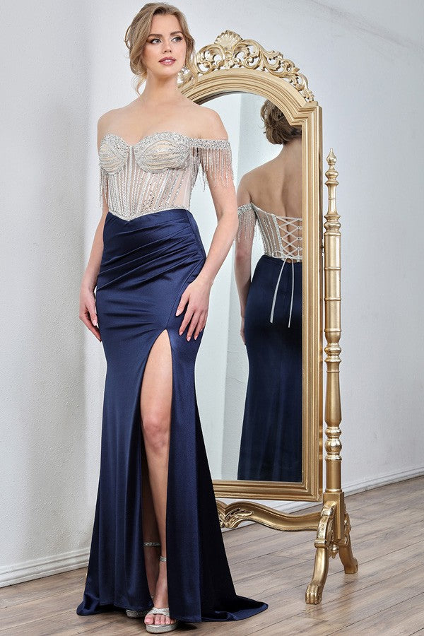 Off Shoulder Fringed Sleeve Sweetheart Sheath Dres