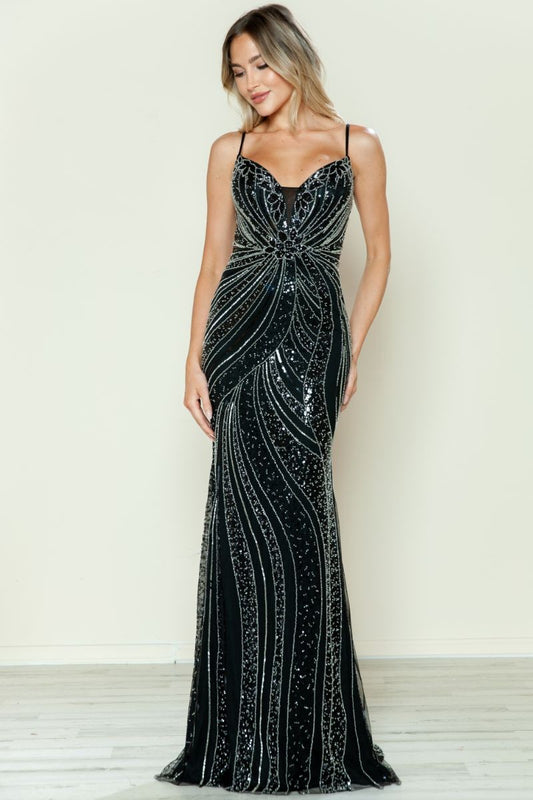 Elegant Sequin Detail Floor Length Dress