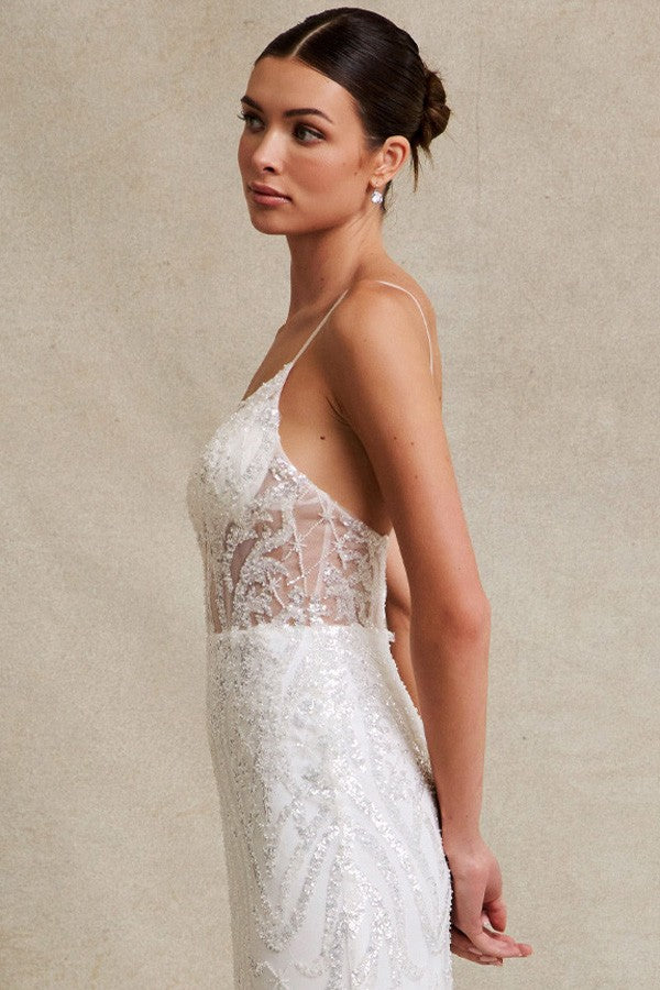 Sleeveless Skinny Straps Glitter Sequin Wedding Go