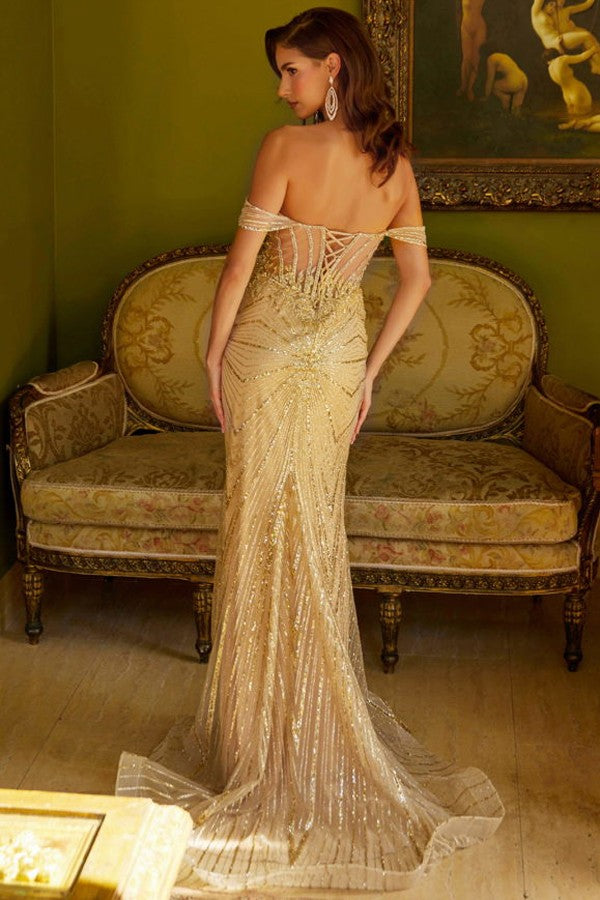 Off Shoulder Plunging Neckline Embellished Mermaid
