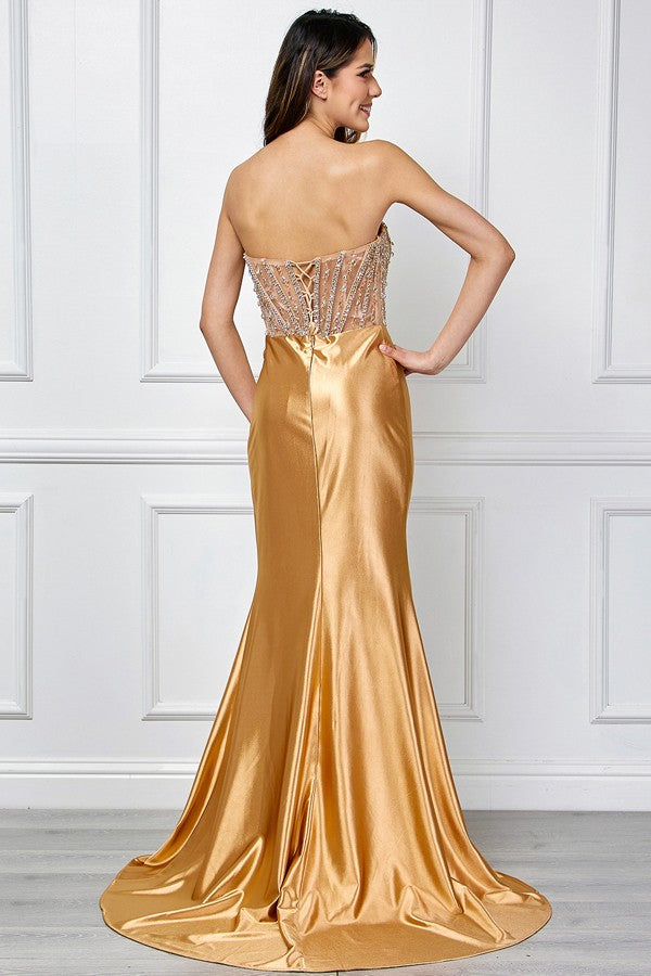 Strapless Sweetheart Neckline Jewel Top Satin Dres