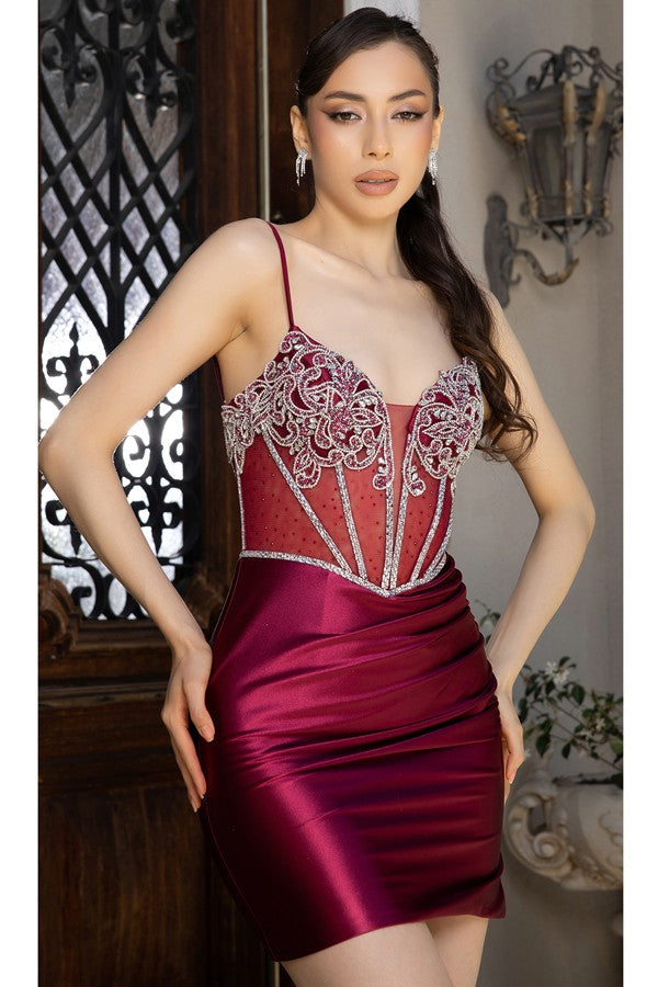 Sleeveless Sweetheart Illusion Top Short Dress