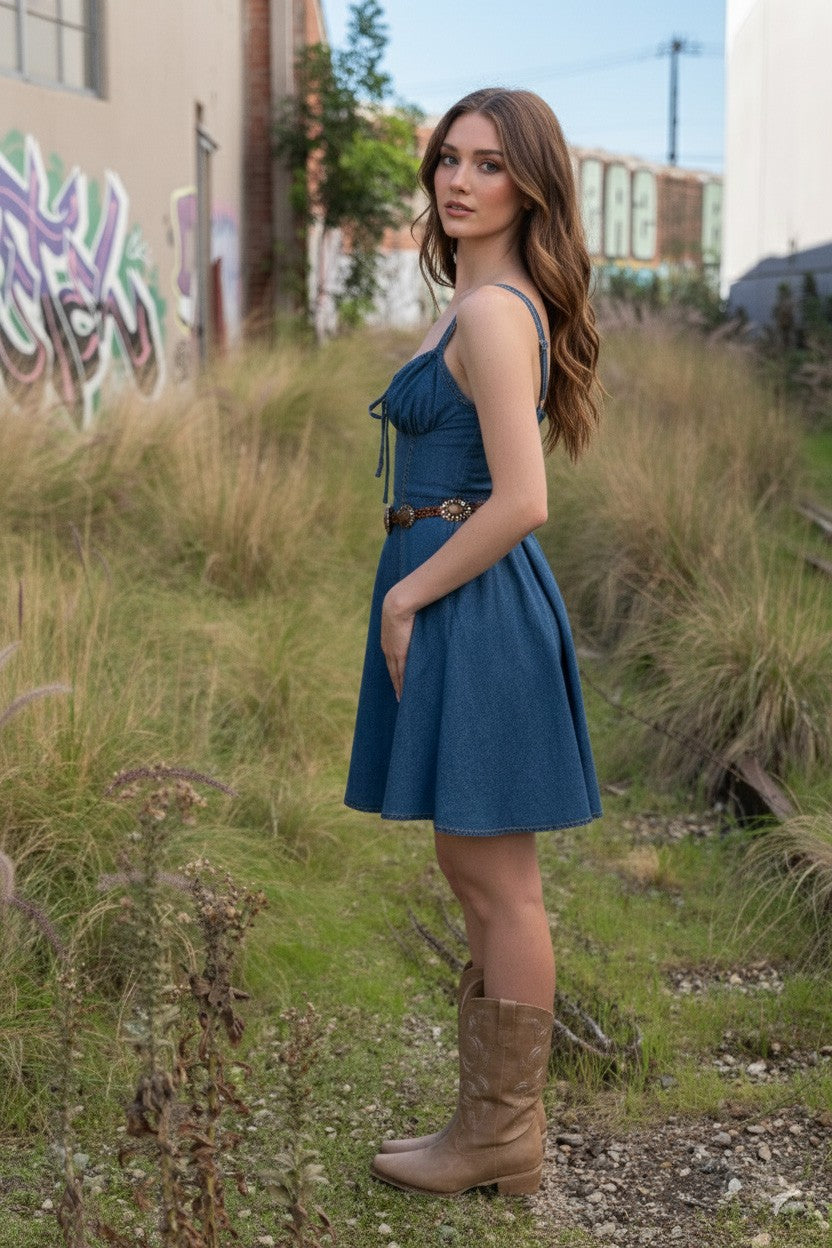 Bustier Ruching Back Denim Dress – Stretch Cotton Denim Mini Dress