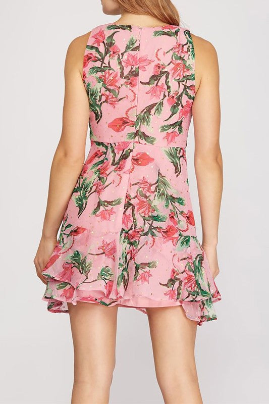 Pink Floral Print Sleeveless Ruffle Chiffon Mini Dress