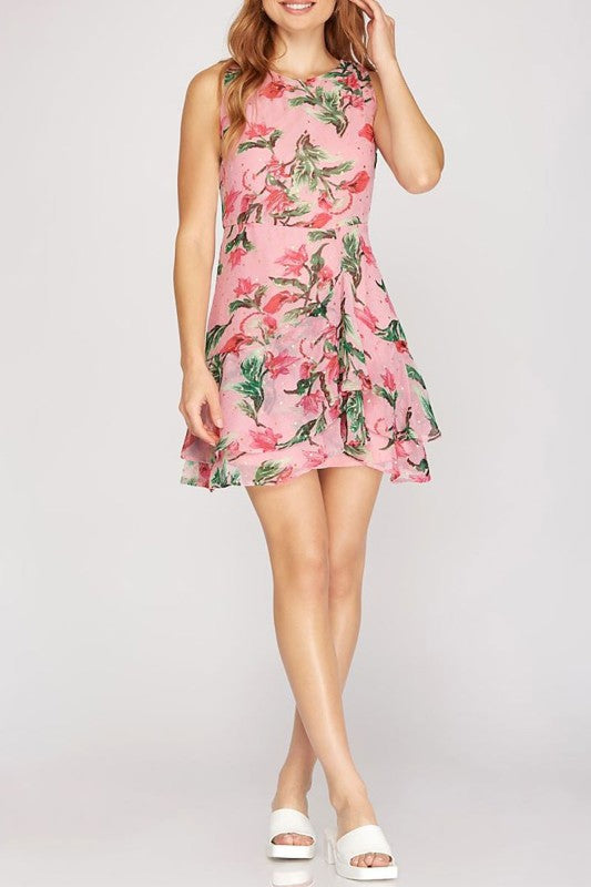 Pink Floral Print Sleeveless Ruffle Chiffon Mini Dress