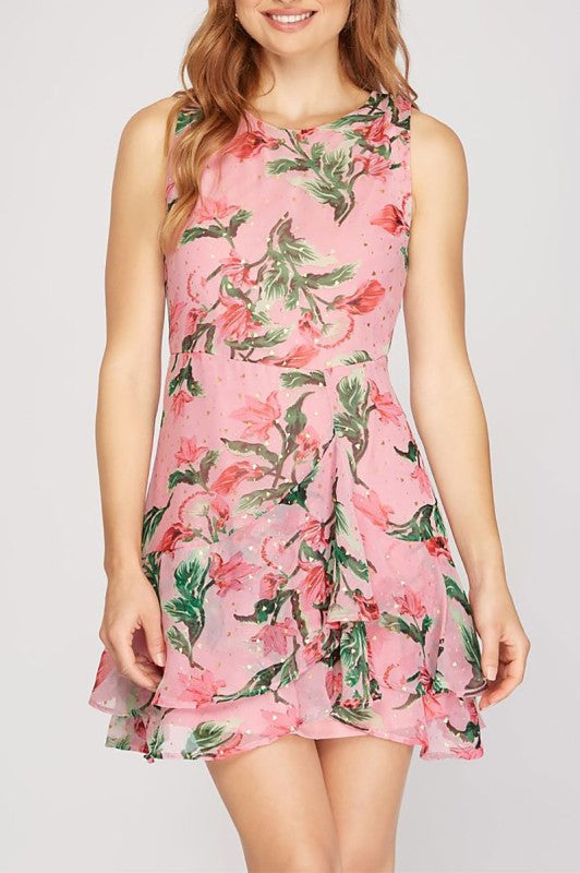 Pink Floral Print Sleeveless Ruffle Chiffon Mini Dress
